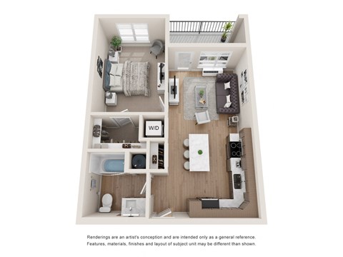 Floor plan for 1 bed, 1 bath, 629 sqft